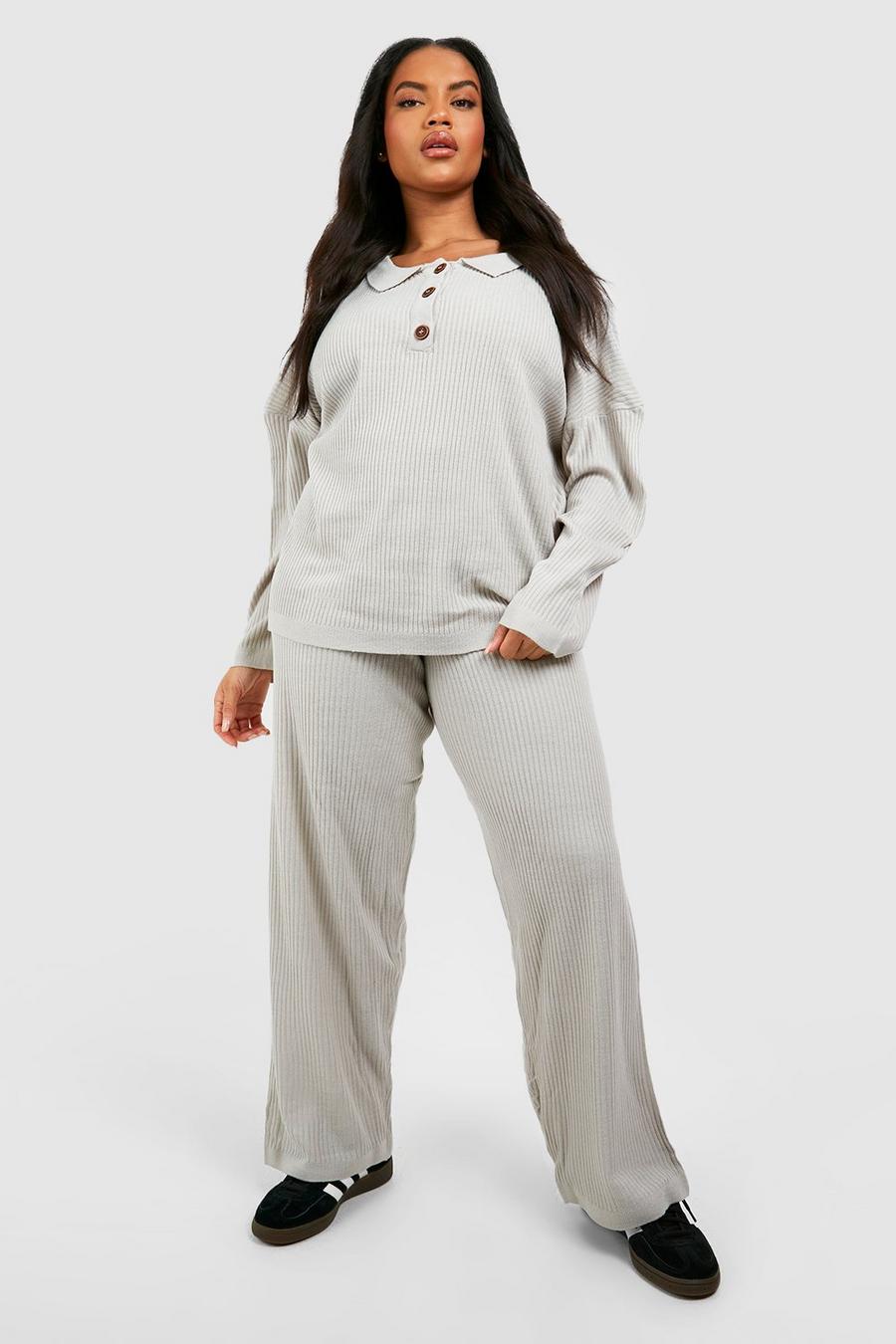 Set Plus Size in maglia - top con bottoni & pantaloni, Grey
