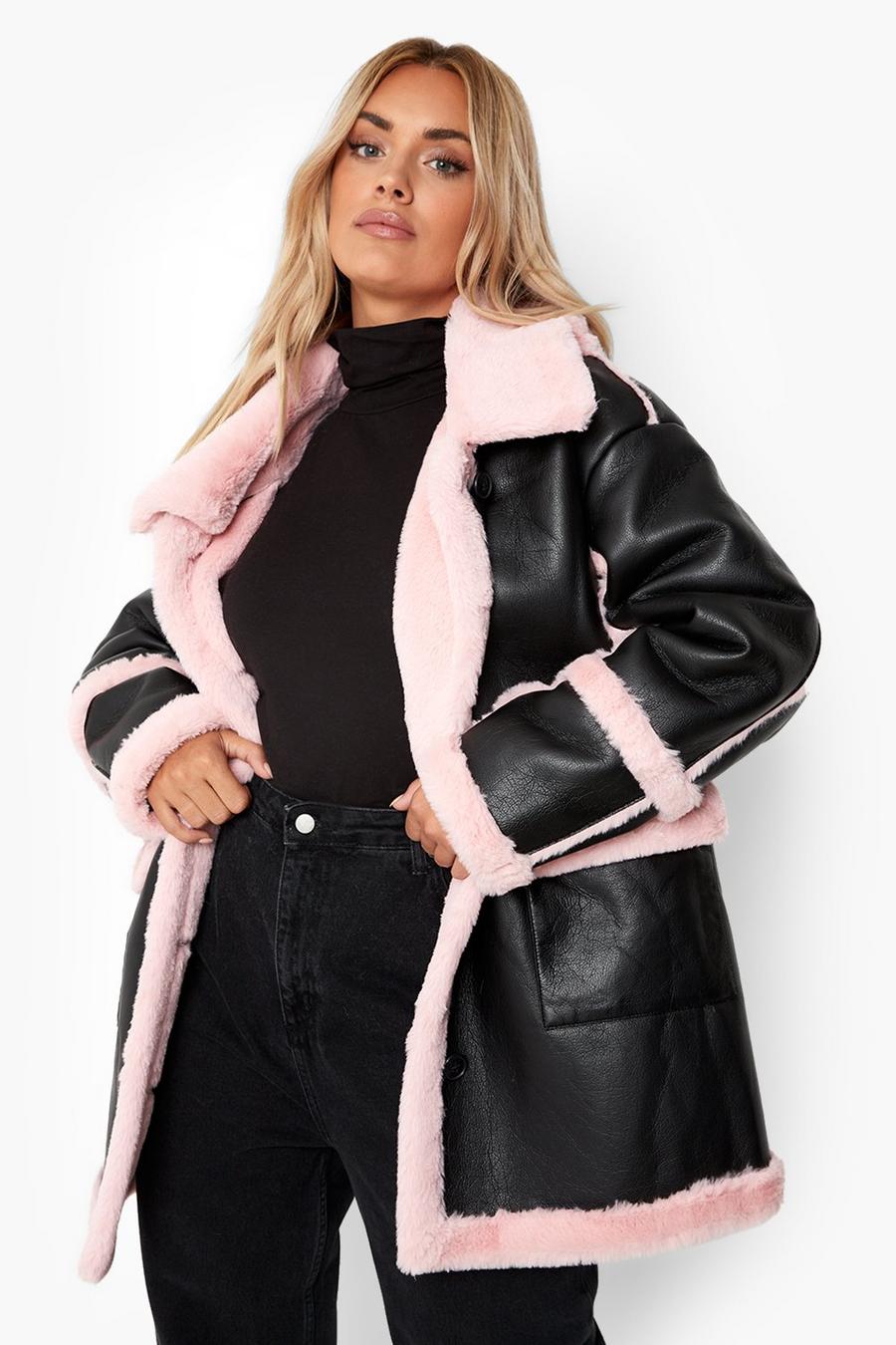 Giacca lunga stile aviatore Plus Size rosa rifinito in pelliccia sintetica, Pink image number 1