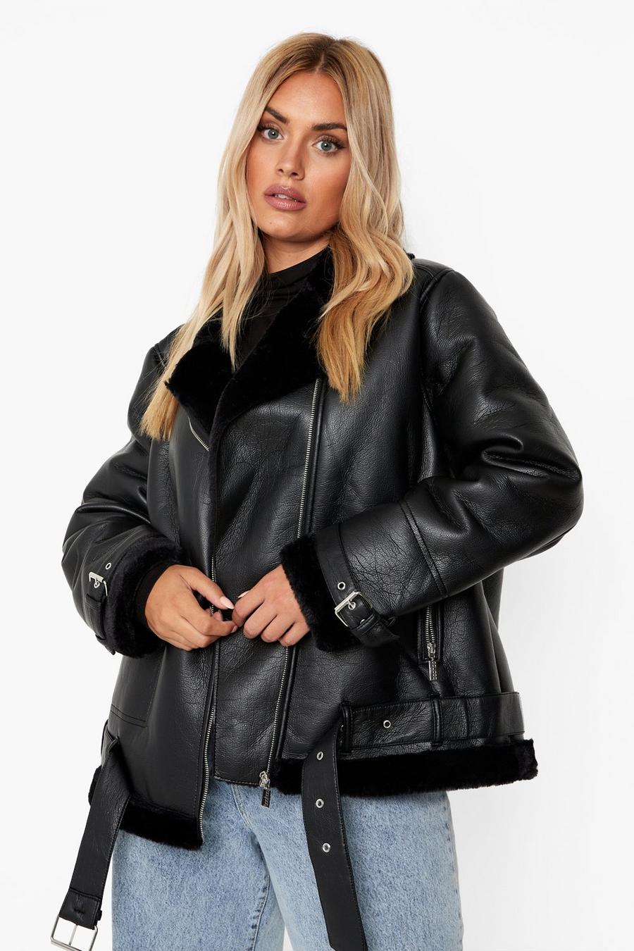 Black Plus Faux Leather Lined Oversized Aviator Jacket