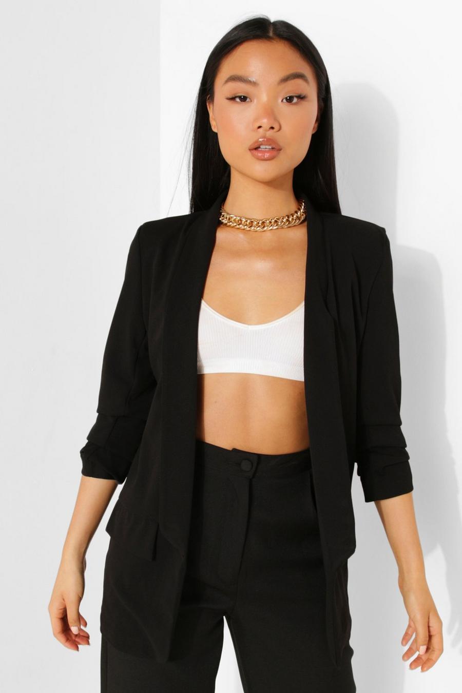 Petite - Blazer à revers châle et manches froncées, Black