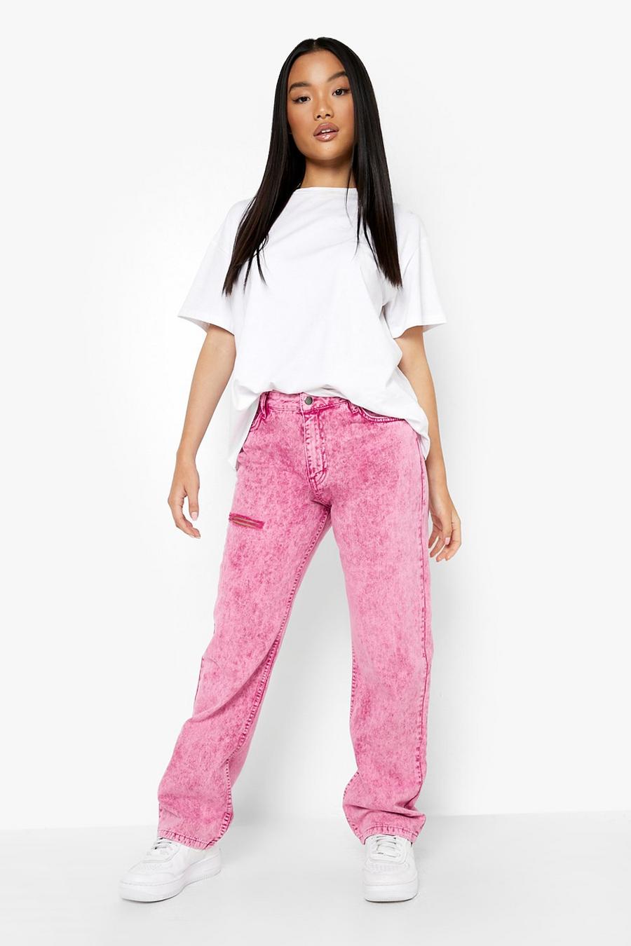 Pink Petite Thigh Rip Washed Straight Leg Jeans