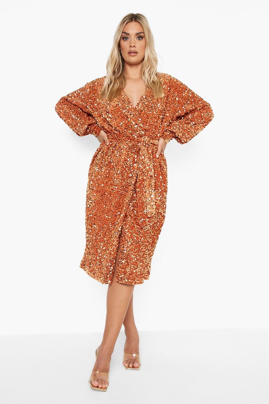 Burnt orange Plus Velvet Sequin Wrap Midi Dress