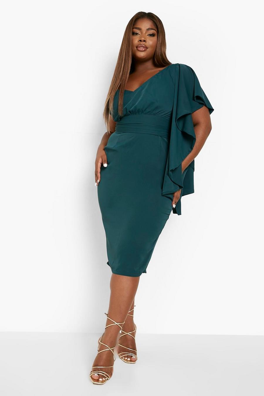 Emerald Plus  Satin Ruffle Sleeve Midi Dress image number 1