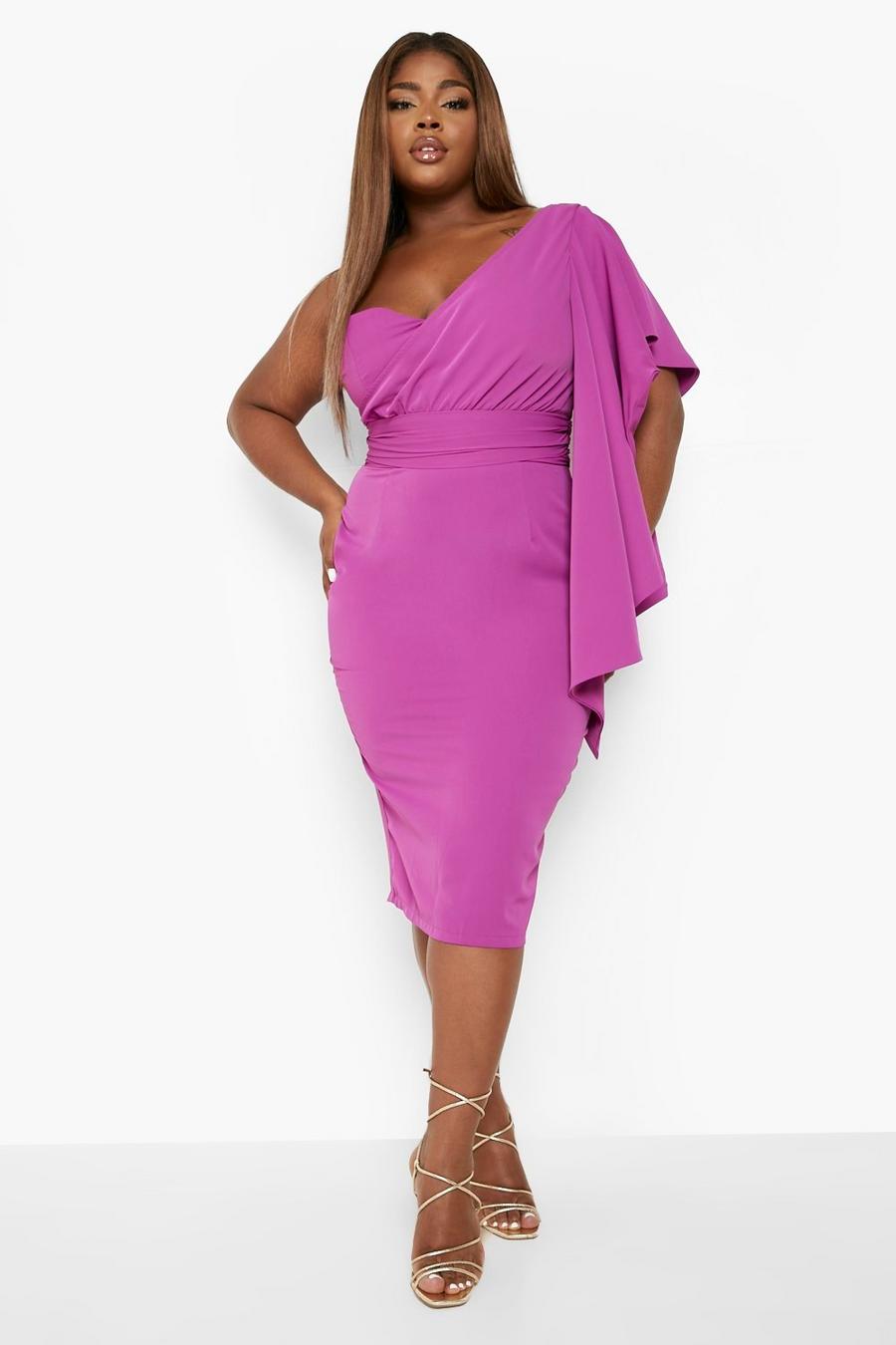 Jewel purple Plus Satin Ruffle Sleeve Midi Dress
