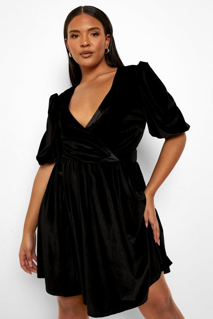 Plus Wrap Puff Sleeve Velvet Skater Dress