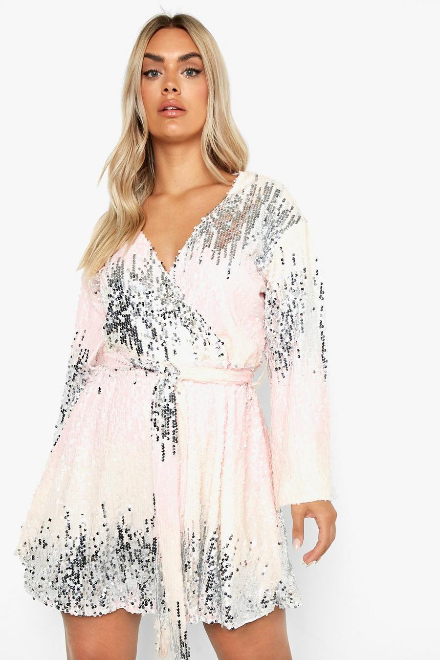 Light pink Plus Pastel Ombre Sequin Wrap Blouson Dress