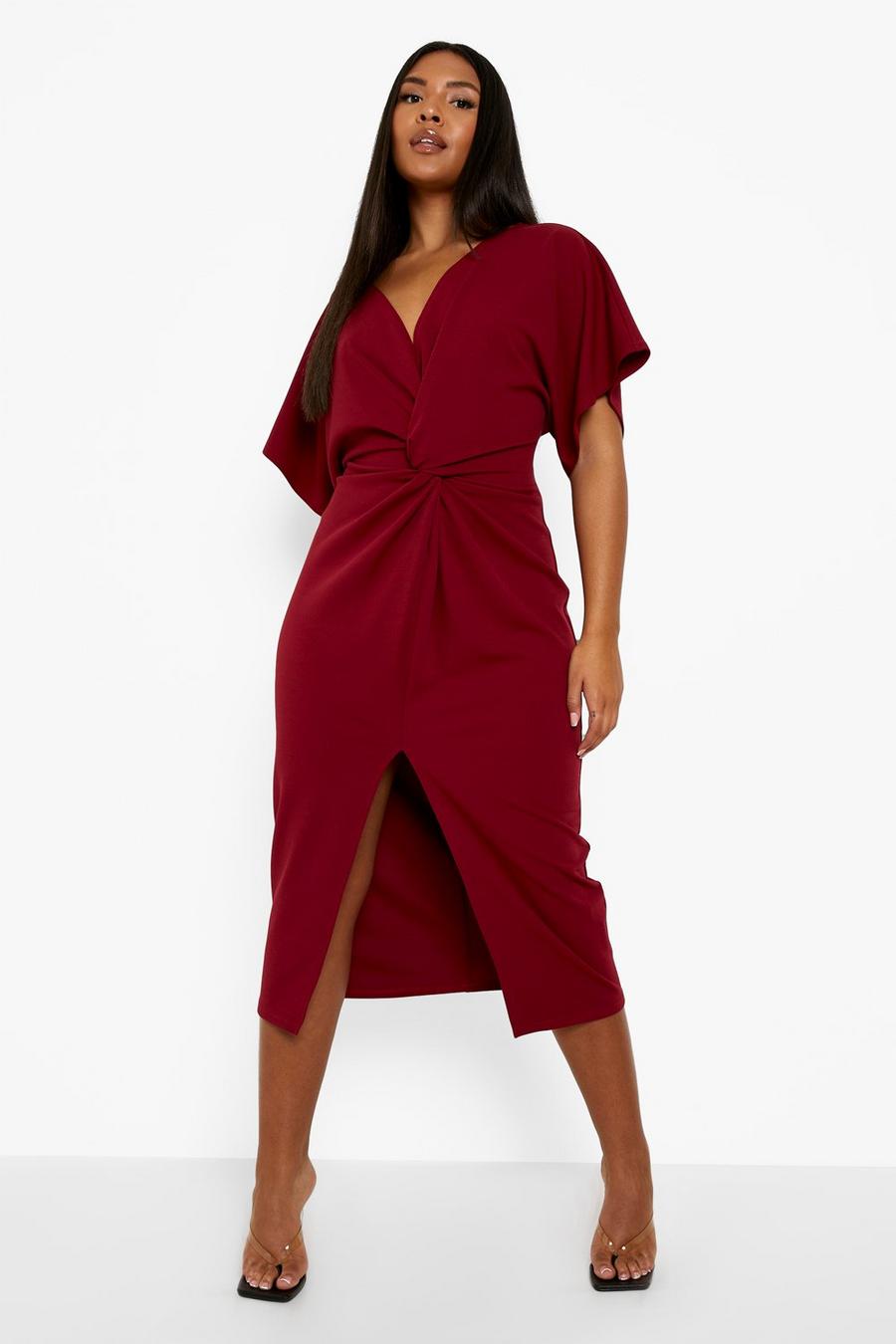 Berry Double Slinky Strappy Ruched Midi Dress