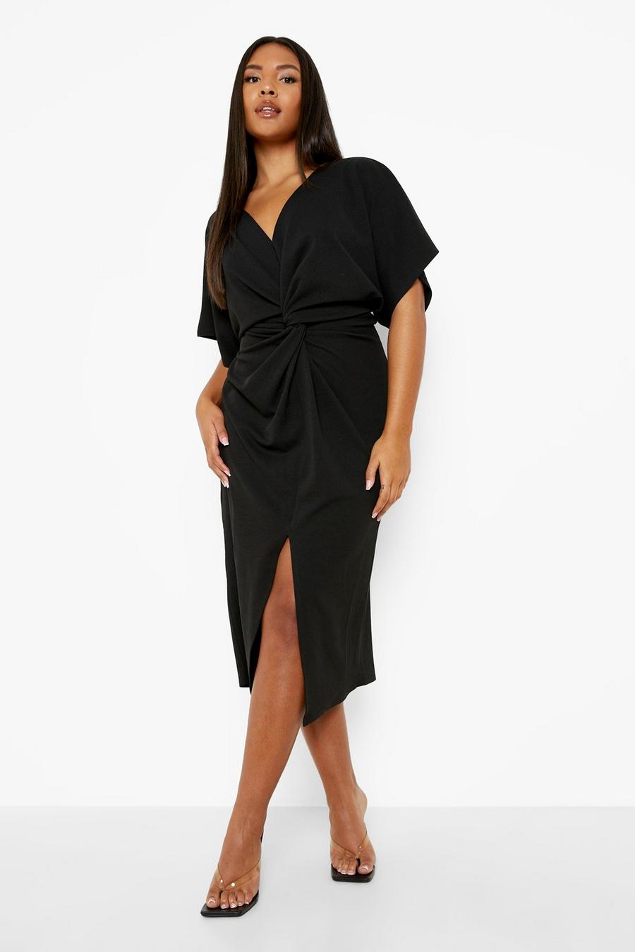 Vestido Plus midi con nudo y abertura frontal, Black