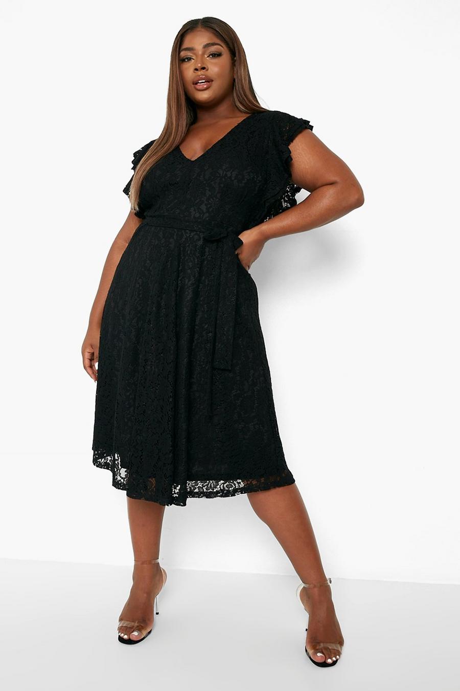 Black Plus Lace Ruffle Sleeve Skater Midi Dress