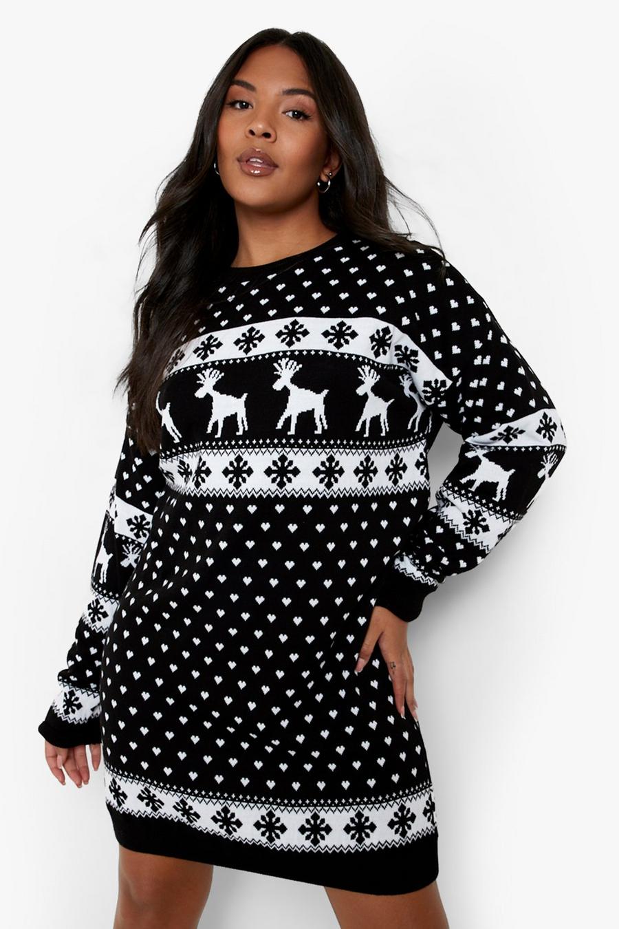 Black Plus Reindeer Christmas Sweater Dress