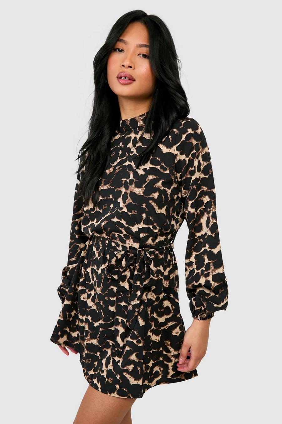 Natural Petite Leopard Print Belted Skater Dress