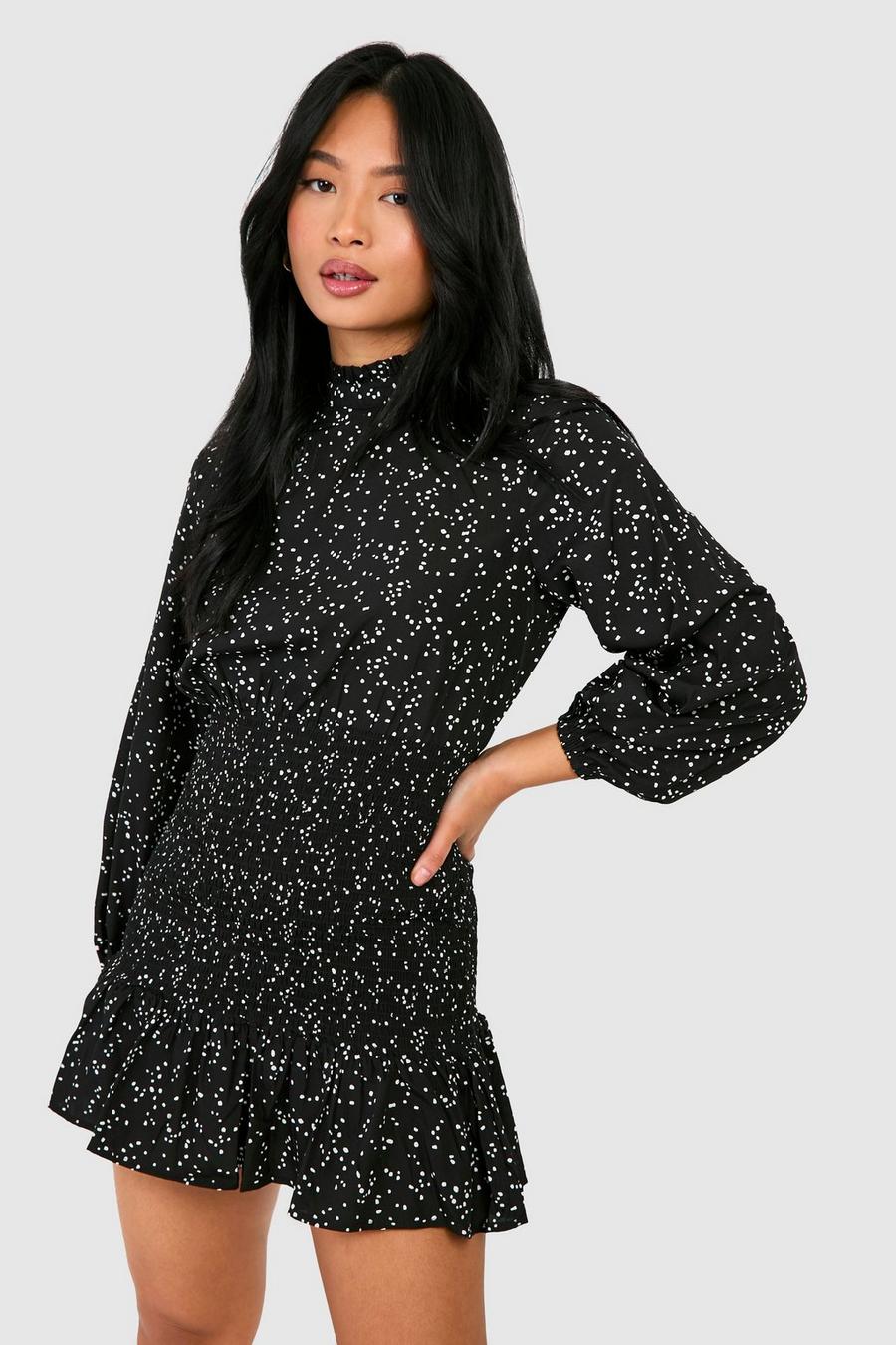 Black Petite Spot High Neck Shirred Ruffle Dress