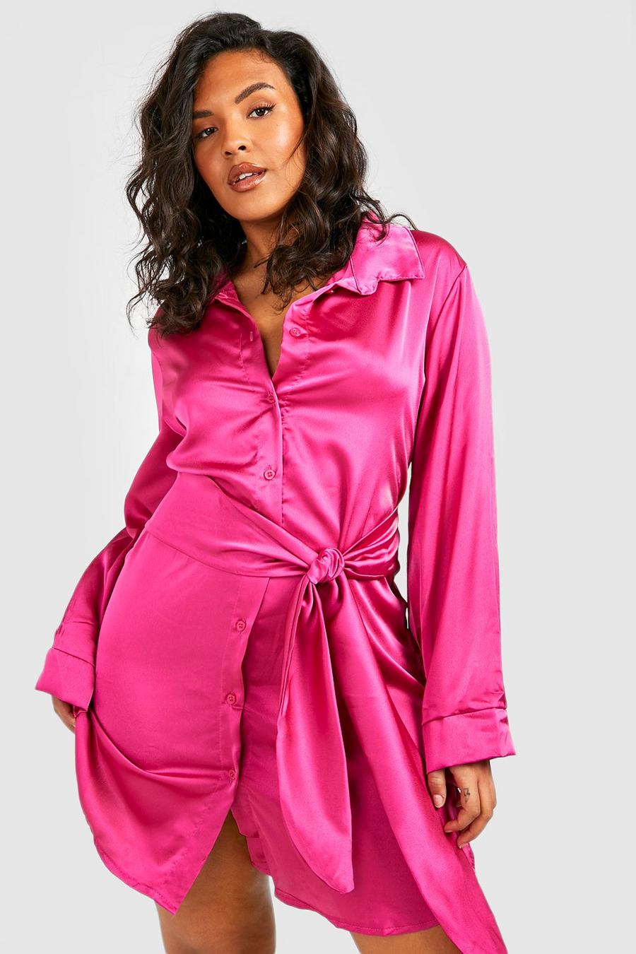 Plus Wickel Hemd-Kleid aus Satin, Hot pink