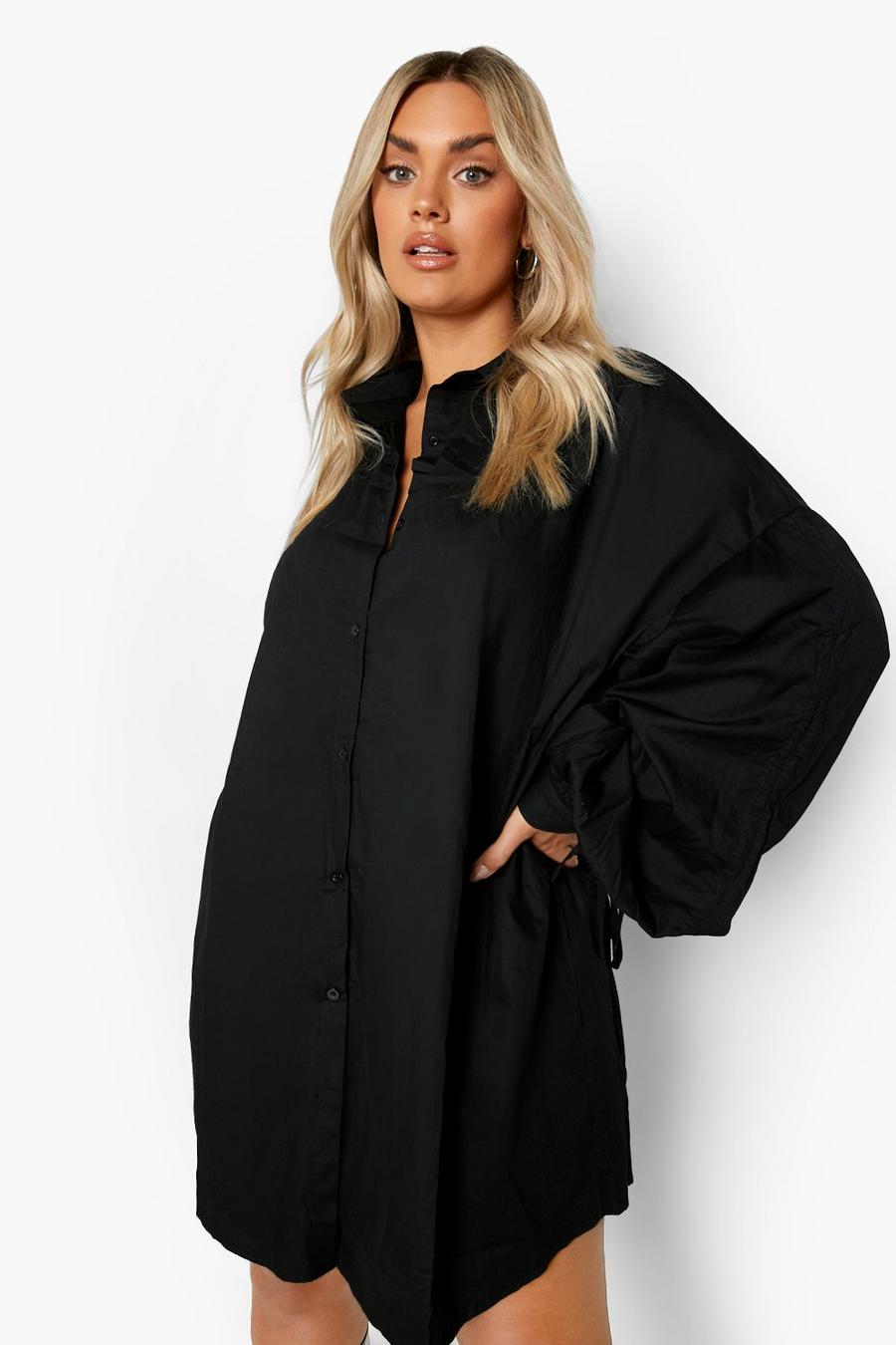 Black Plus Oversize skjortklänning med rynkad ärm image number 1