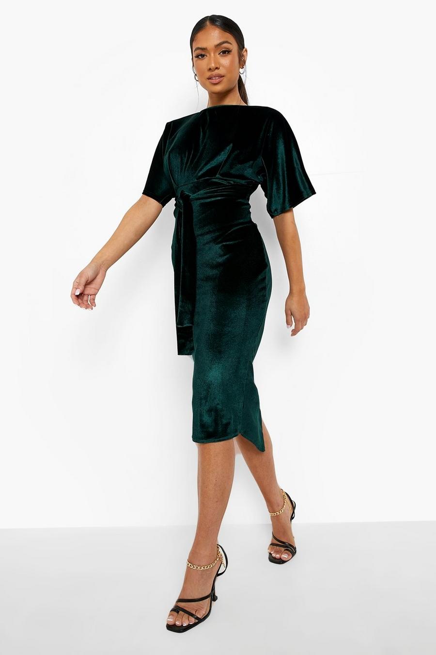 Emerald Petite Velvet Tie Waist Wiggle Midi Dress