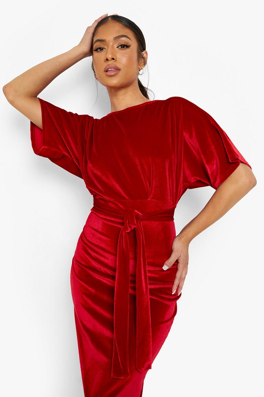 Red Petite Velvet Tie Waist Wiggle Midi Dress