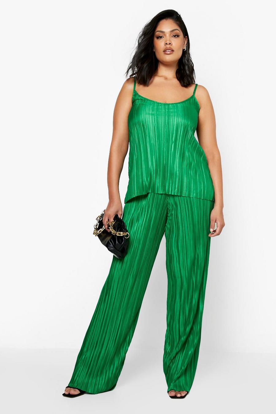 Green Plus Plisse Cami Top And Wide Leg Trousers Co-ord