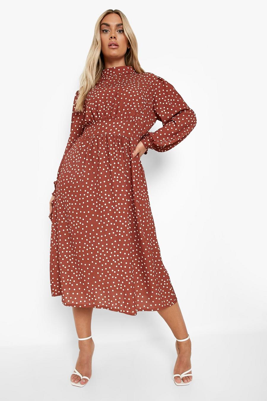 Vestito midi Plus Size a pois con spacco, Chocolate