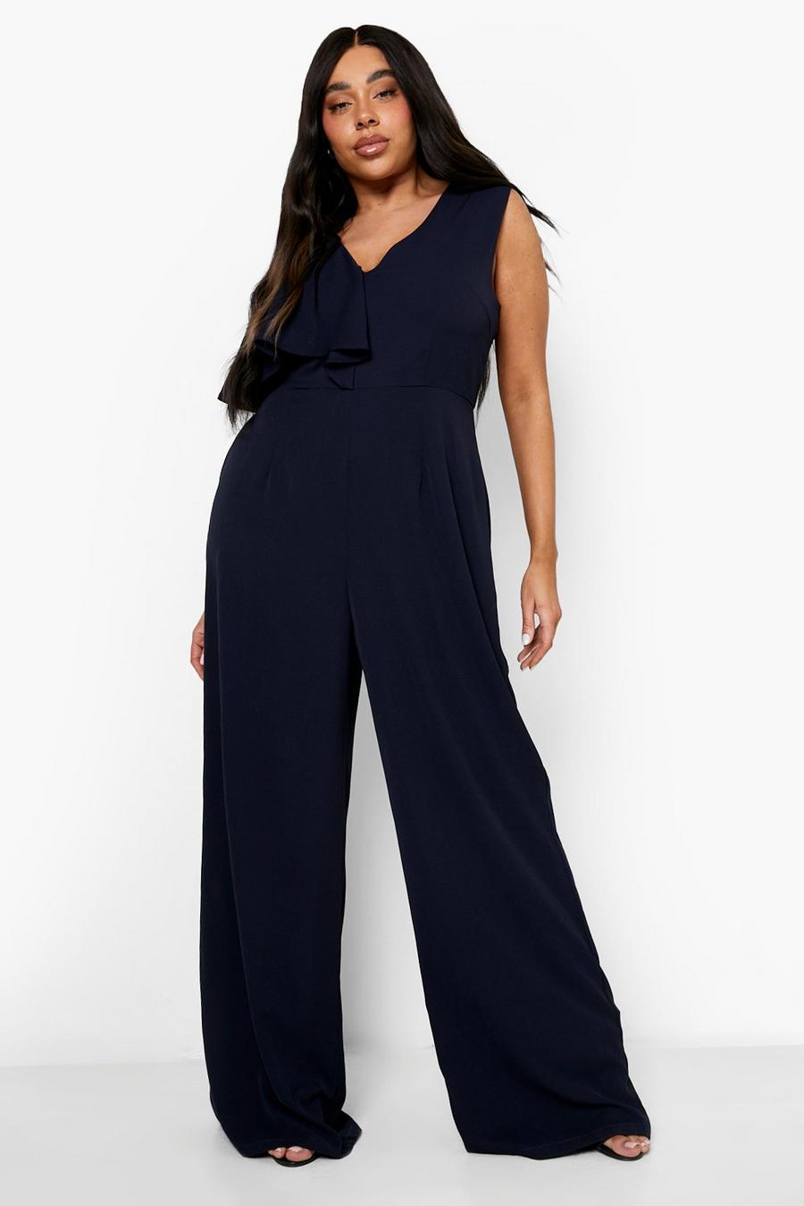 Tuta intera Plus Size asimmetrica a gamba ampia, Navy