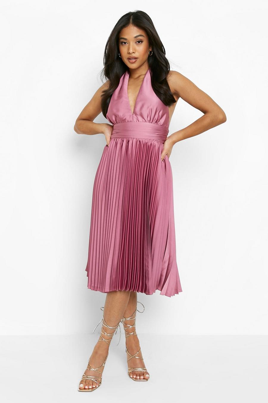 Lilac Petite Satin Pleated Tie Back Midi Dress