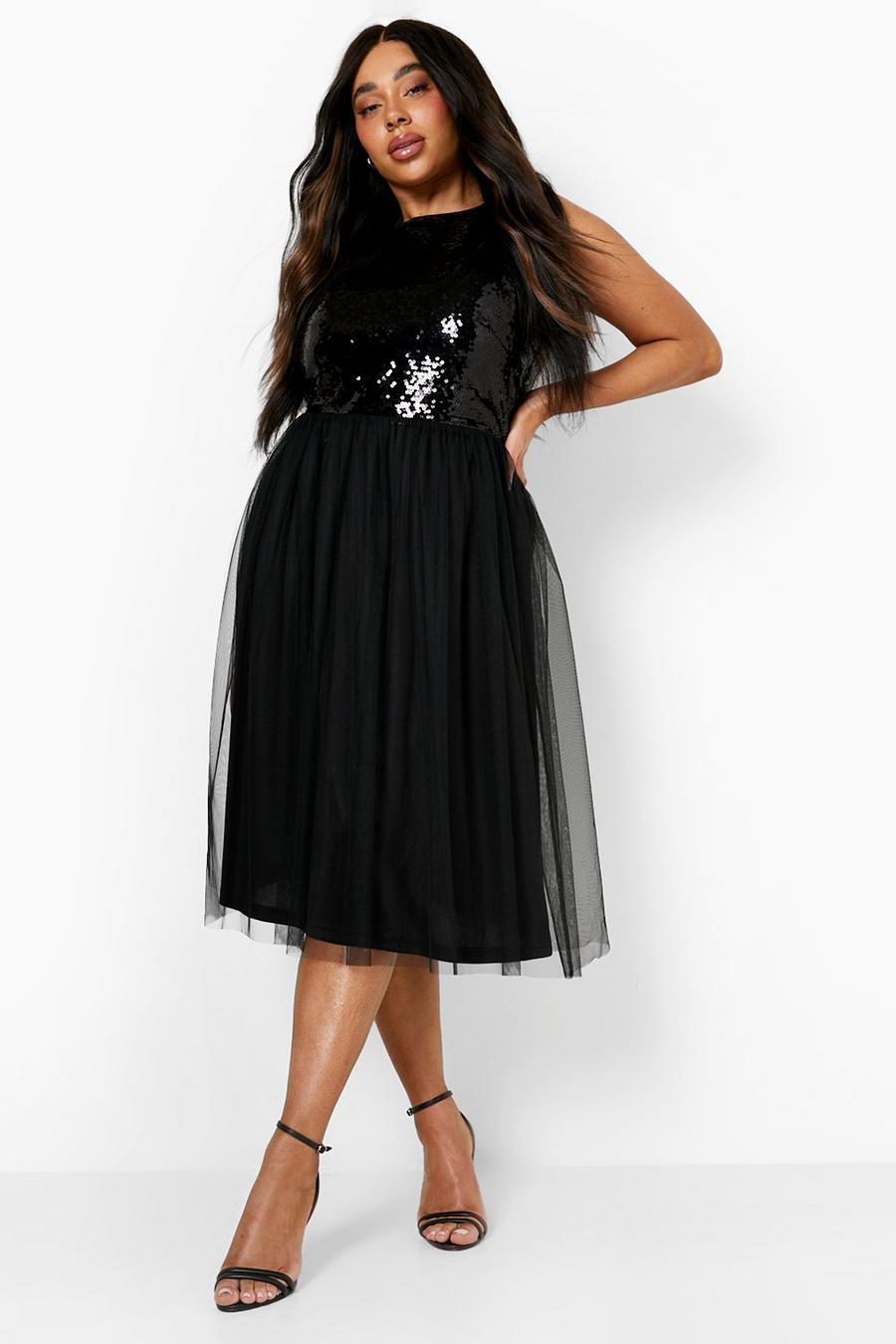 Black Plus Occasion Sequin Tulle Midi Dress