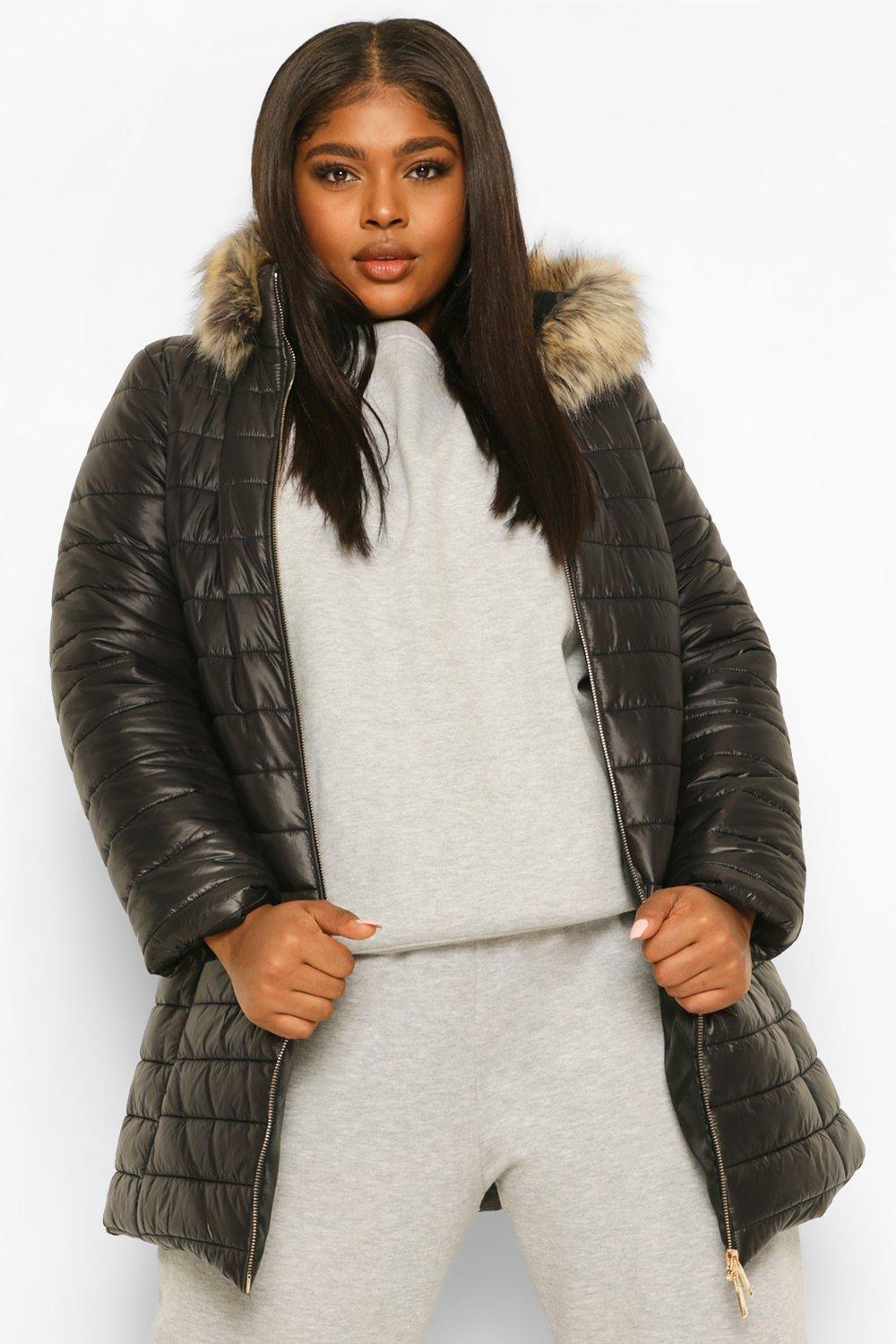 Puffer Jackets Plus High Shine Faux Fur Trim Hooded Puffer Parka
