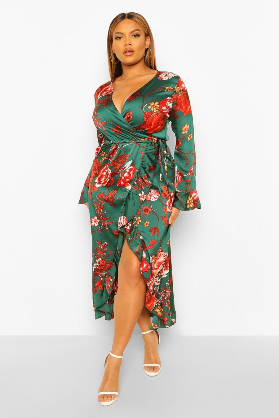 Green Plus Floral Ruffle Asymmetric Maxi Dress