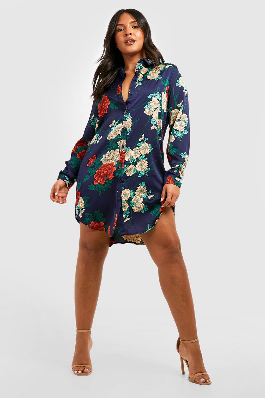 Navy Plus Satijnen Bloemenprint Blouse Jurk