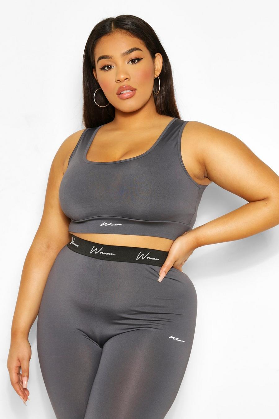 Charcoal grey Plus Activewear 'Woman' Gym Bra