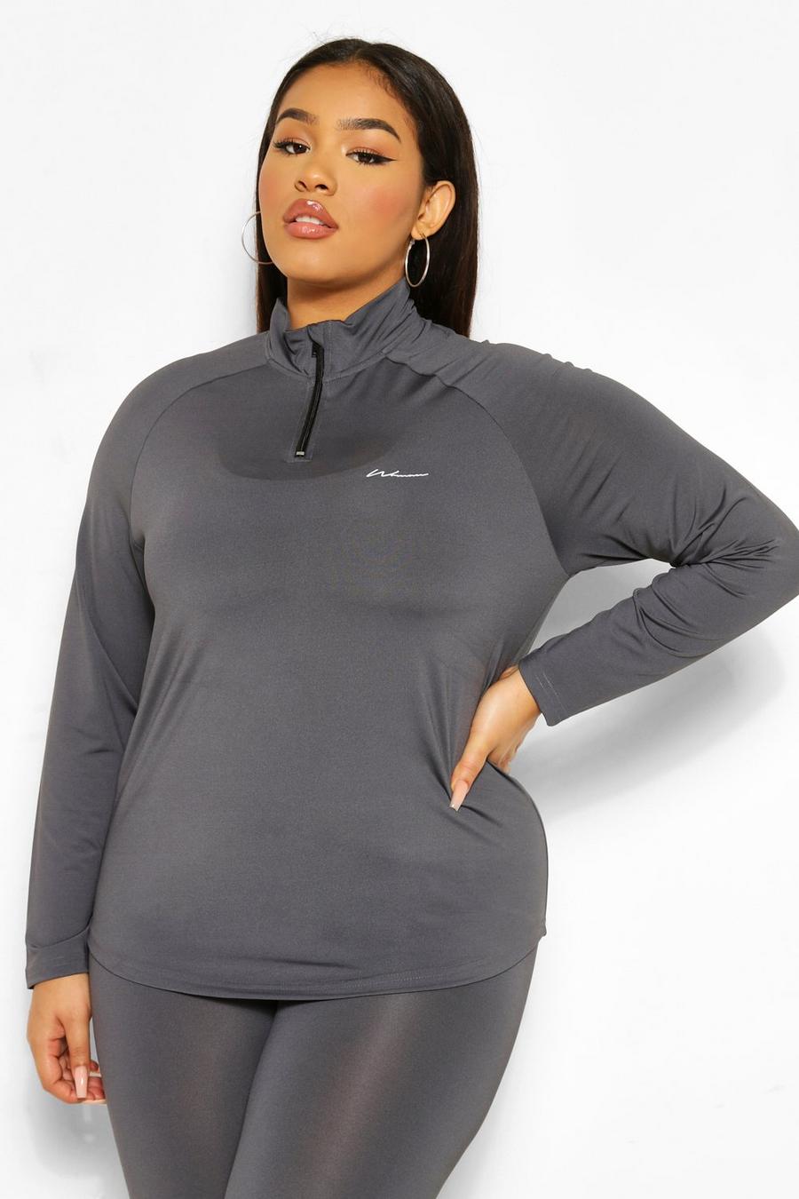 Charcoal grey Plus Activewear 'Woman' Raglan Funnel Neck Gym Top