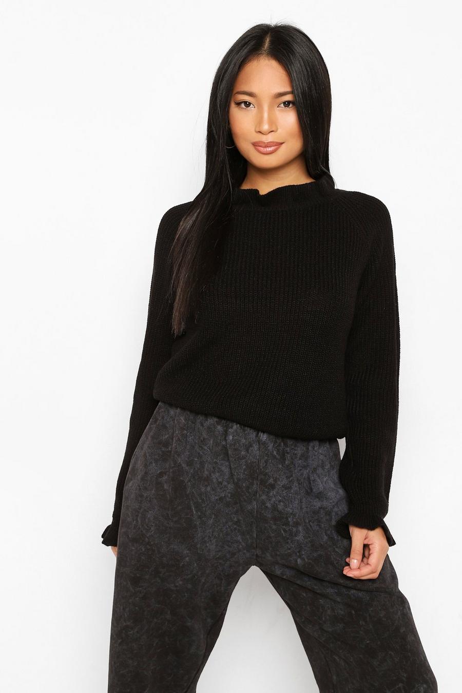 Black Petite Knitted Frill Cuff And Neck Sweater