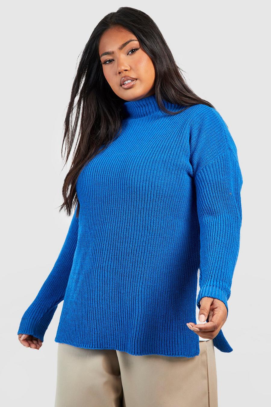 Maglione Plus Size con collo alto e spacco laterale, Blu acceso