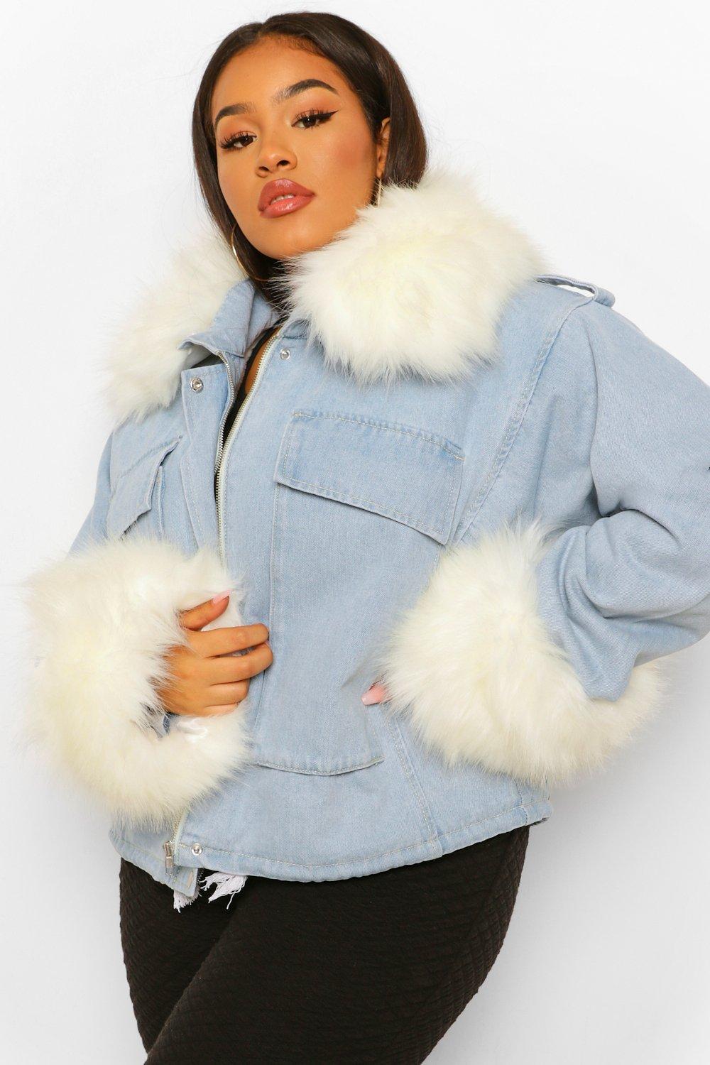 COATS & JACKETS Plus Faux Fur Collar And Cuff Oversized Denim Jacket