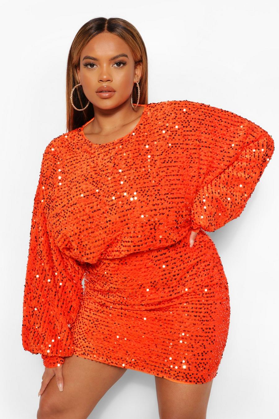 Grande taille - Robe courte paillettes oversize et manches volume, Red