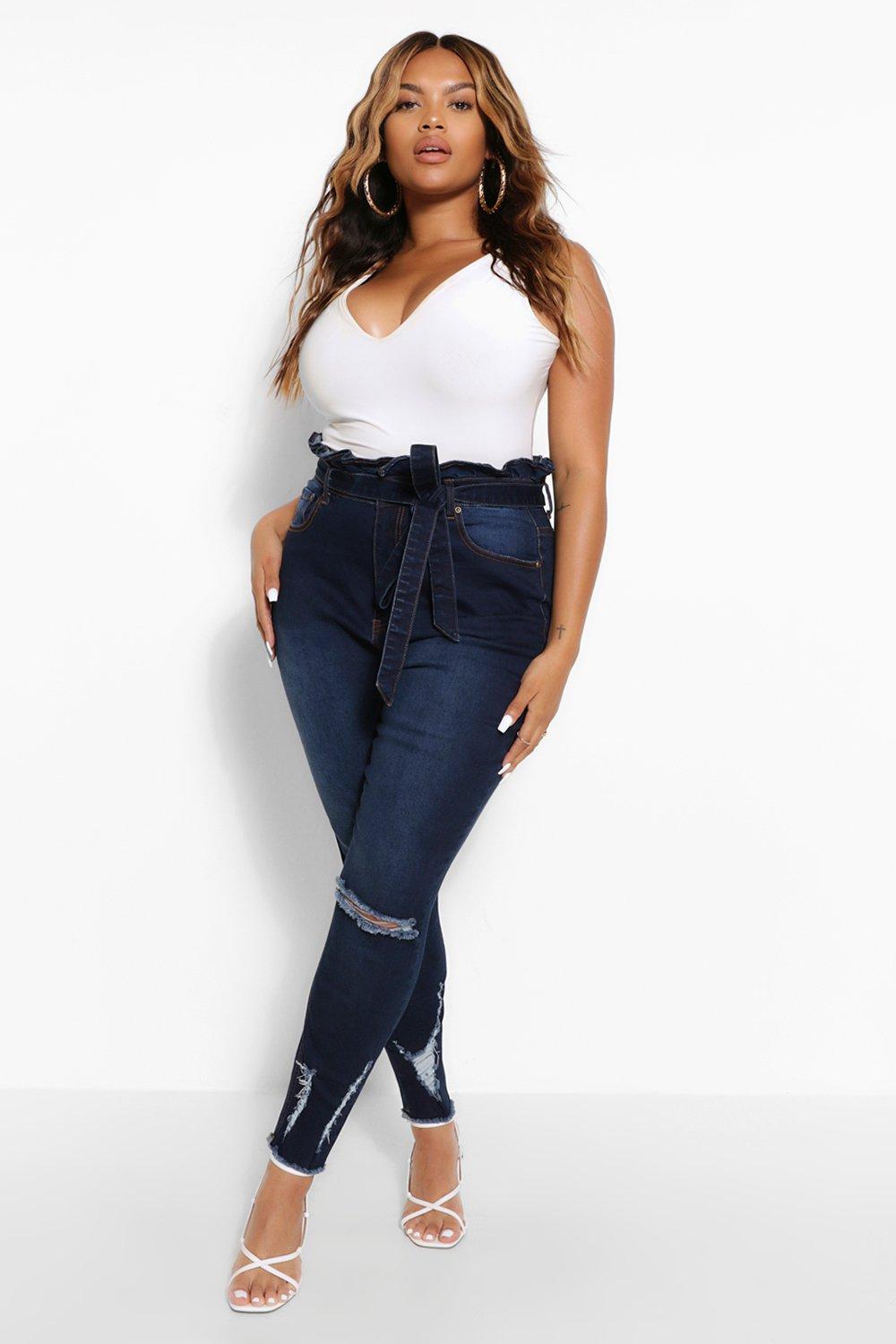 Plus Size Jeans Plus High Waist Belted Distress Skinny Jeans