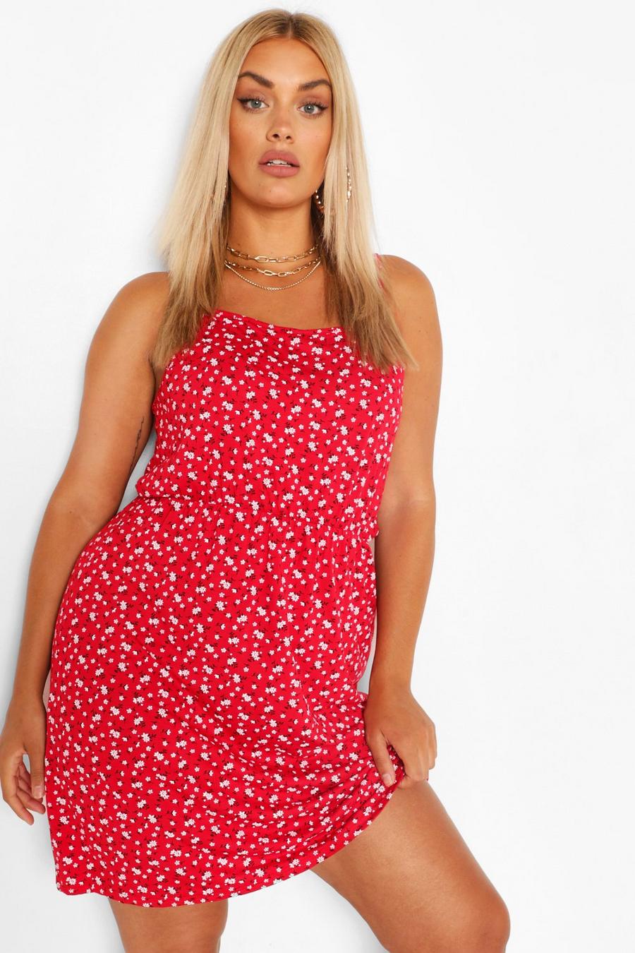 Red Plus Ditsy Floral  Strappy Sundress