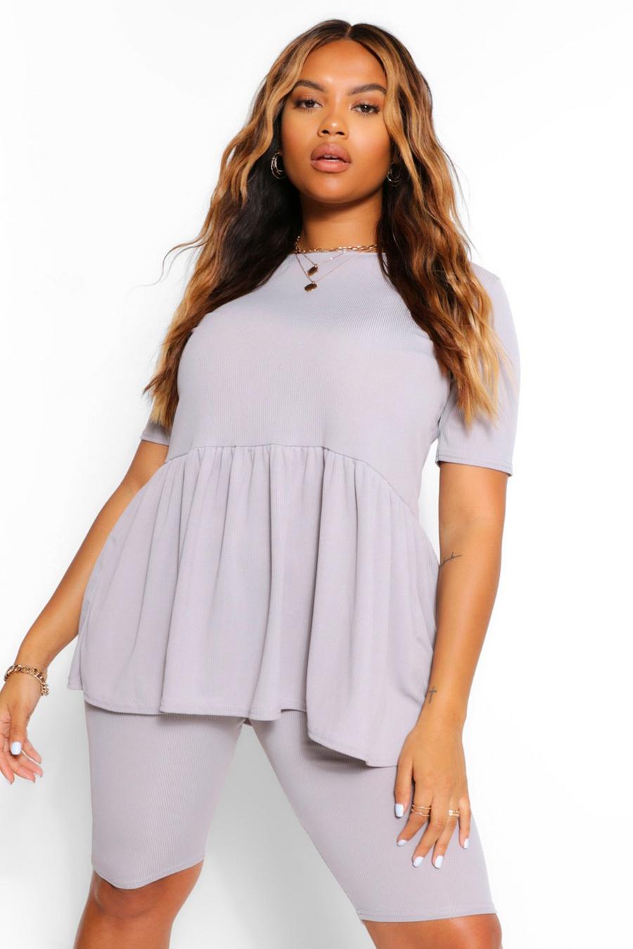 Grey Plus Smock Top And Biker Shorts Two-Piece