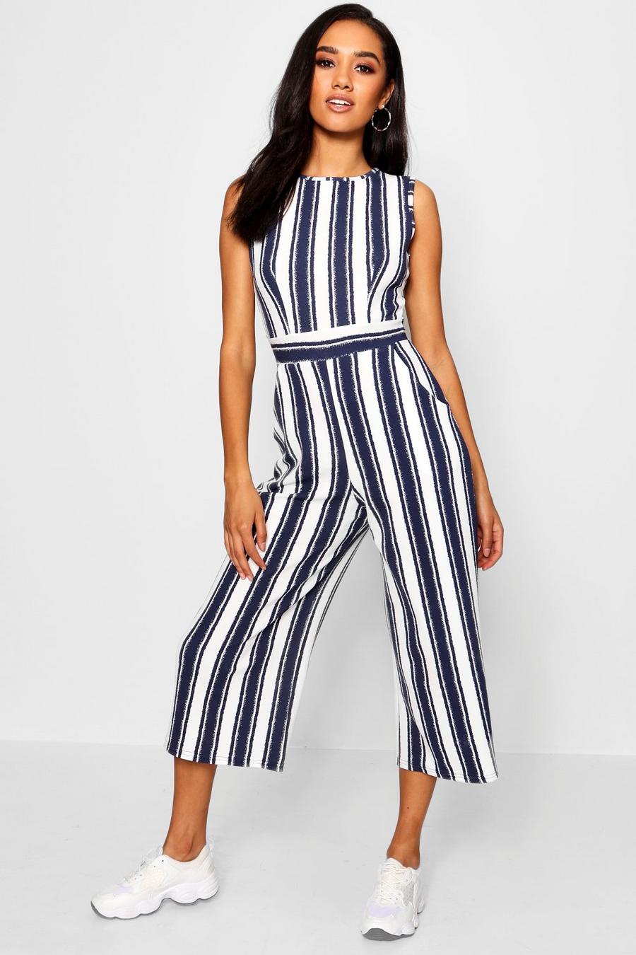 Navy Petite High Neck Striped Jumpsuit image number 1
