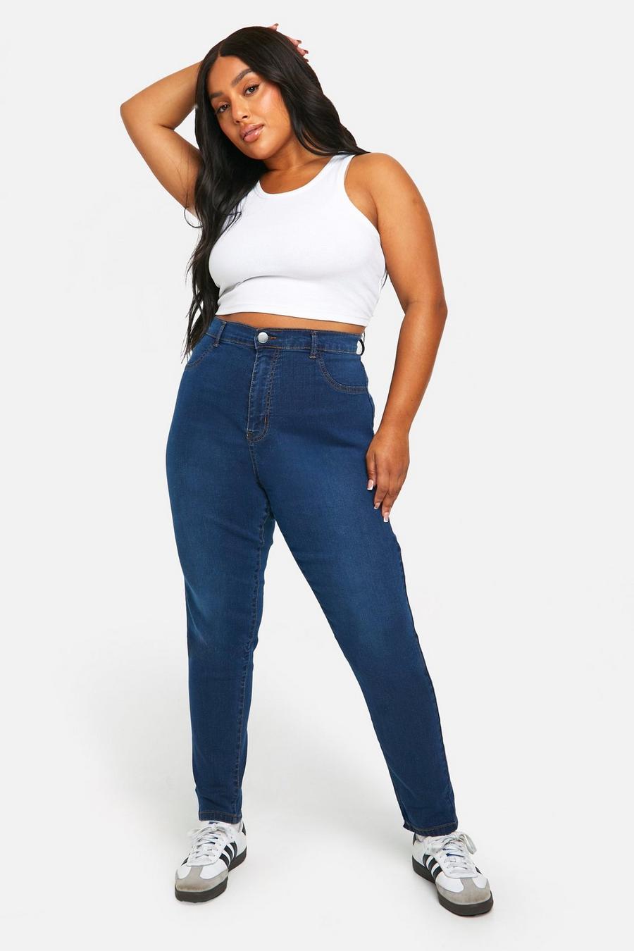 Plus Butt-Shaper Stretch Skinny Jeans mit hohem Bund, Mittelblau
