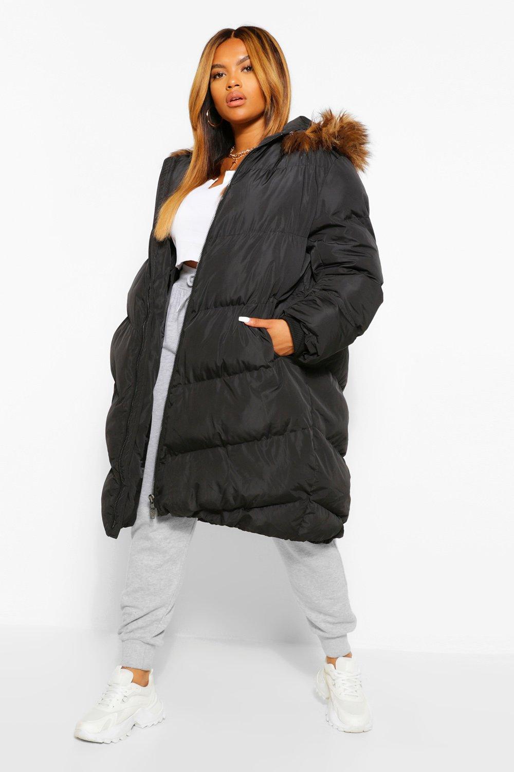 COATS & JACKETS Plus Maxi Padded Puffer Coat With Faux Fur Hood 