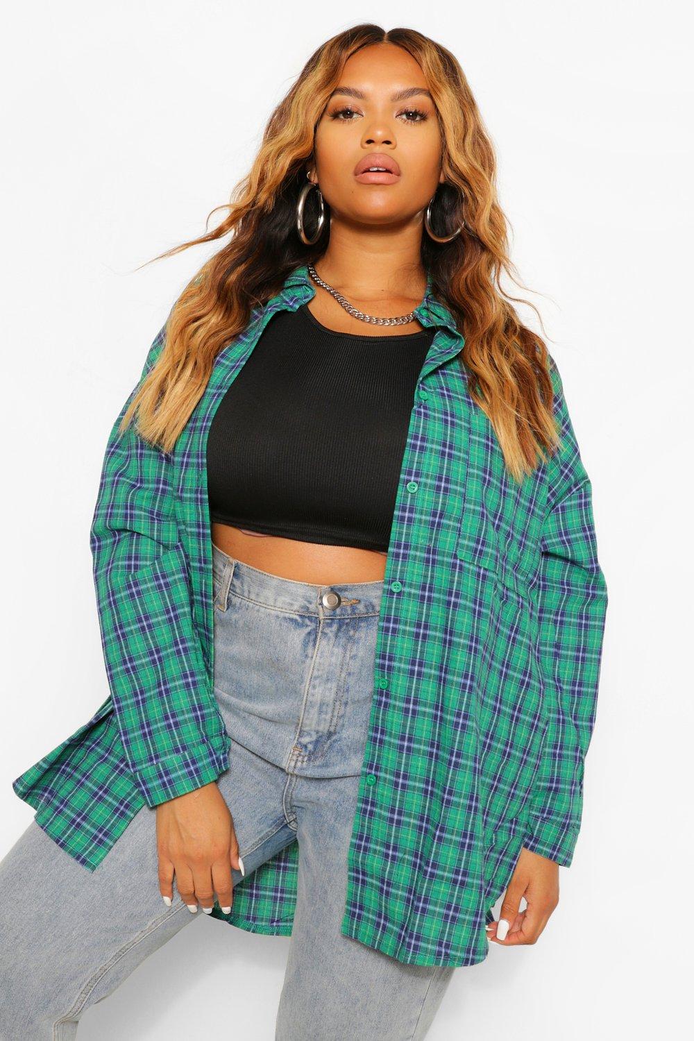 Plus Size Tops Green Plus Oversized Brushed Check Shirt