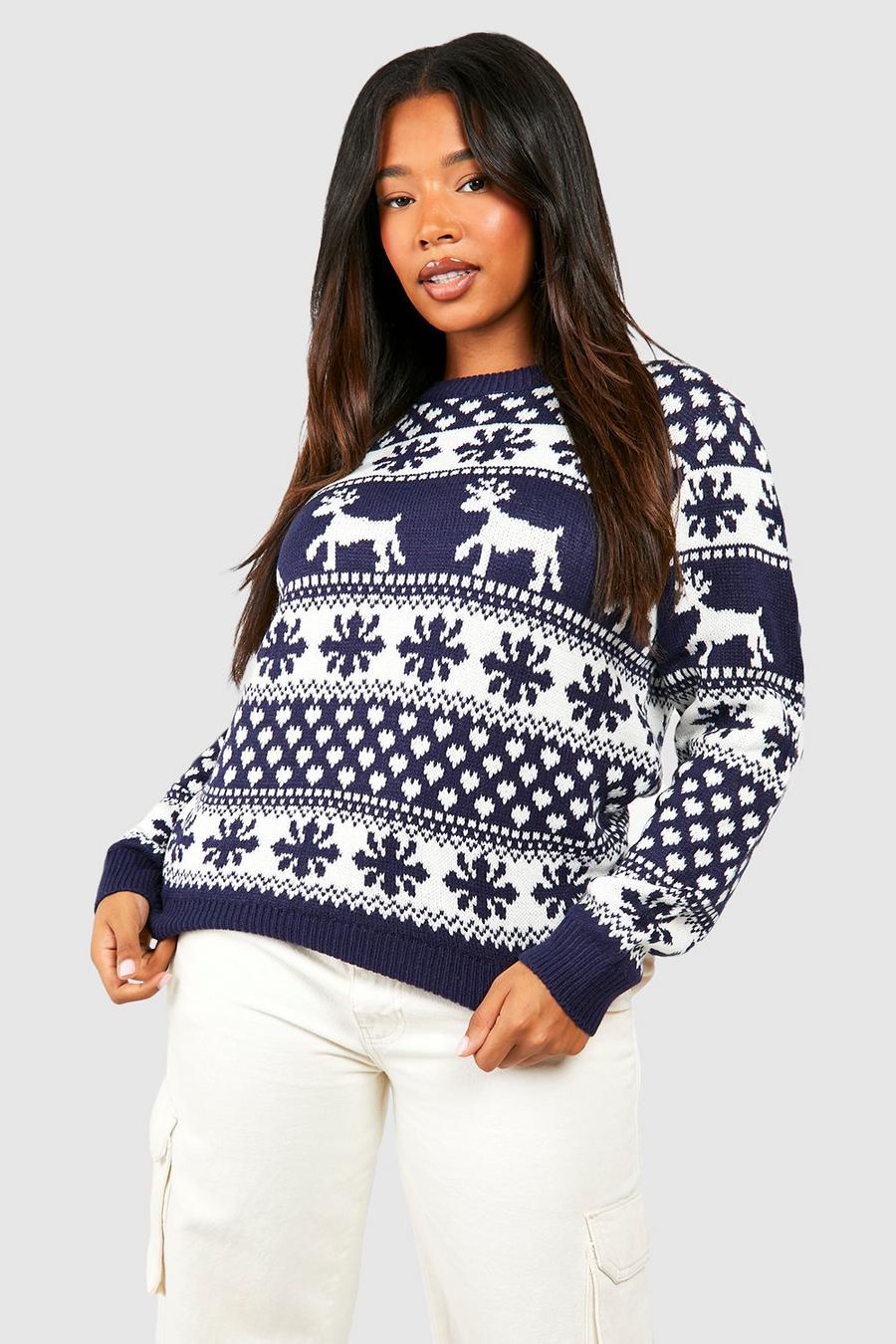 Plus Weihnachts-Pullover mit Rentier und Schneeflocken, Marineblau
