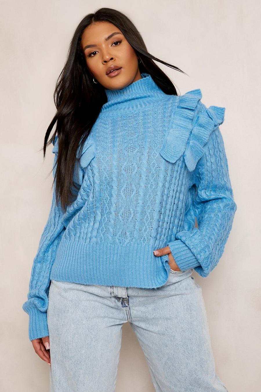 Bright blue Plus Ruffle Cable Knit Jumper