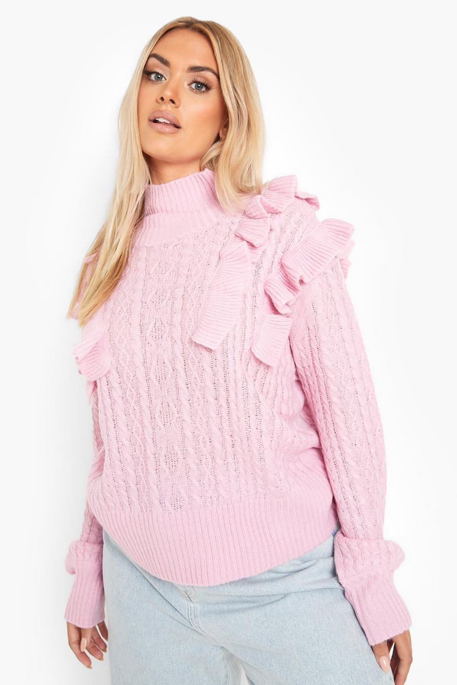 Lilac Plus Ruffle Cable Knit Sweater