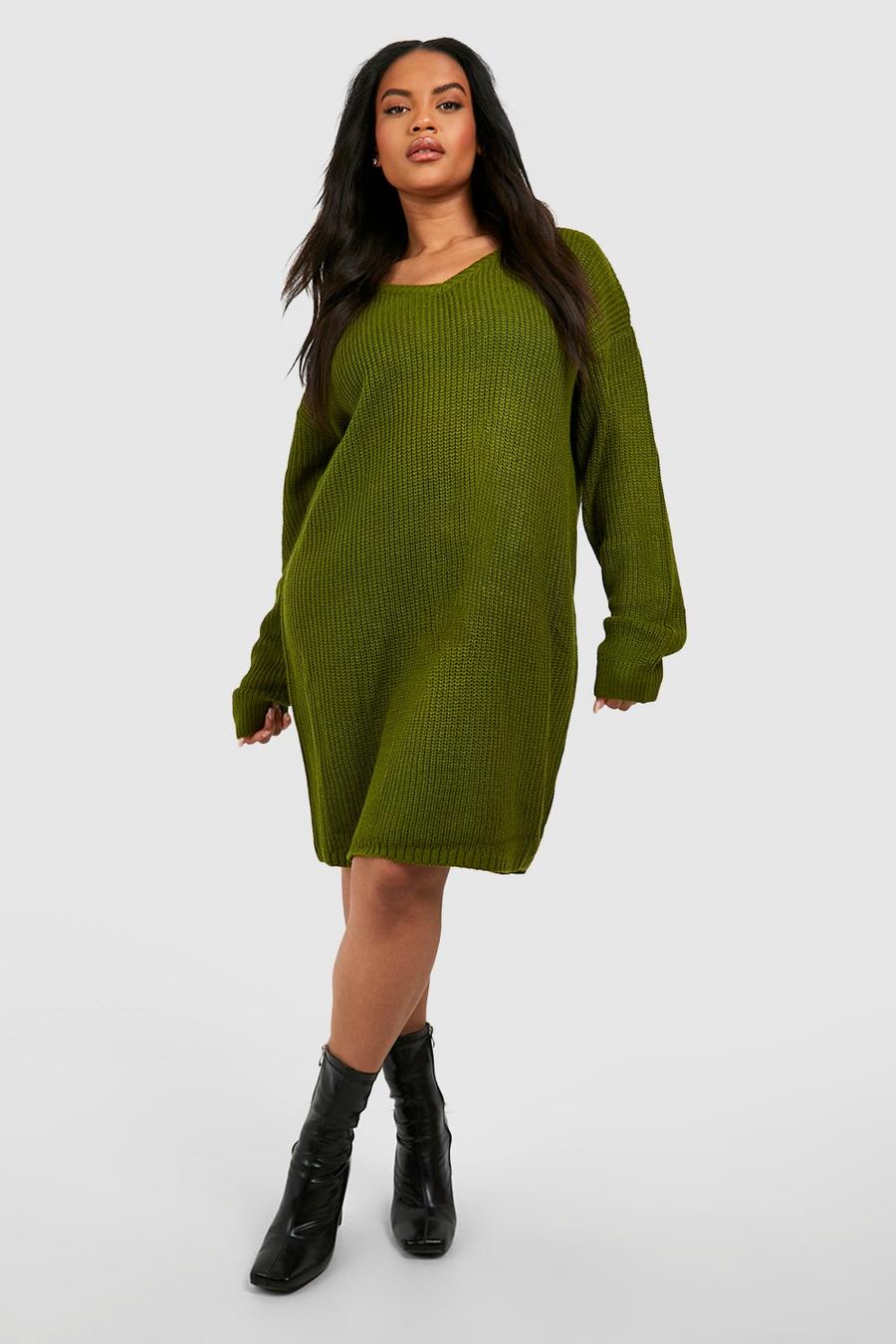 Khaki Plus Rib V Neck Sweater Dress