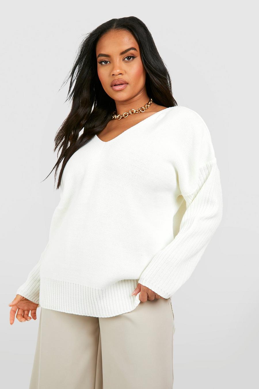 Ivory Plus Sweater V Neck Detail Front And Back