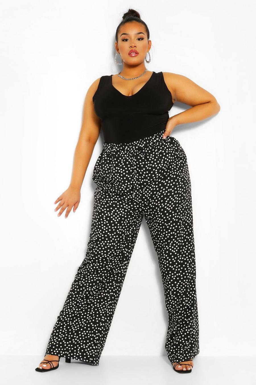 Pantaloni Plus Size a pois elasticizzati in tessuto, Nero