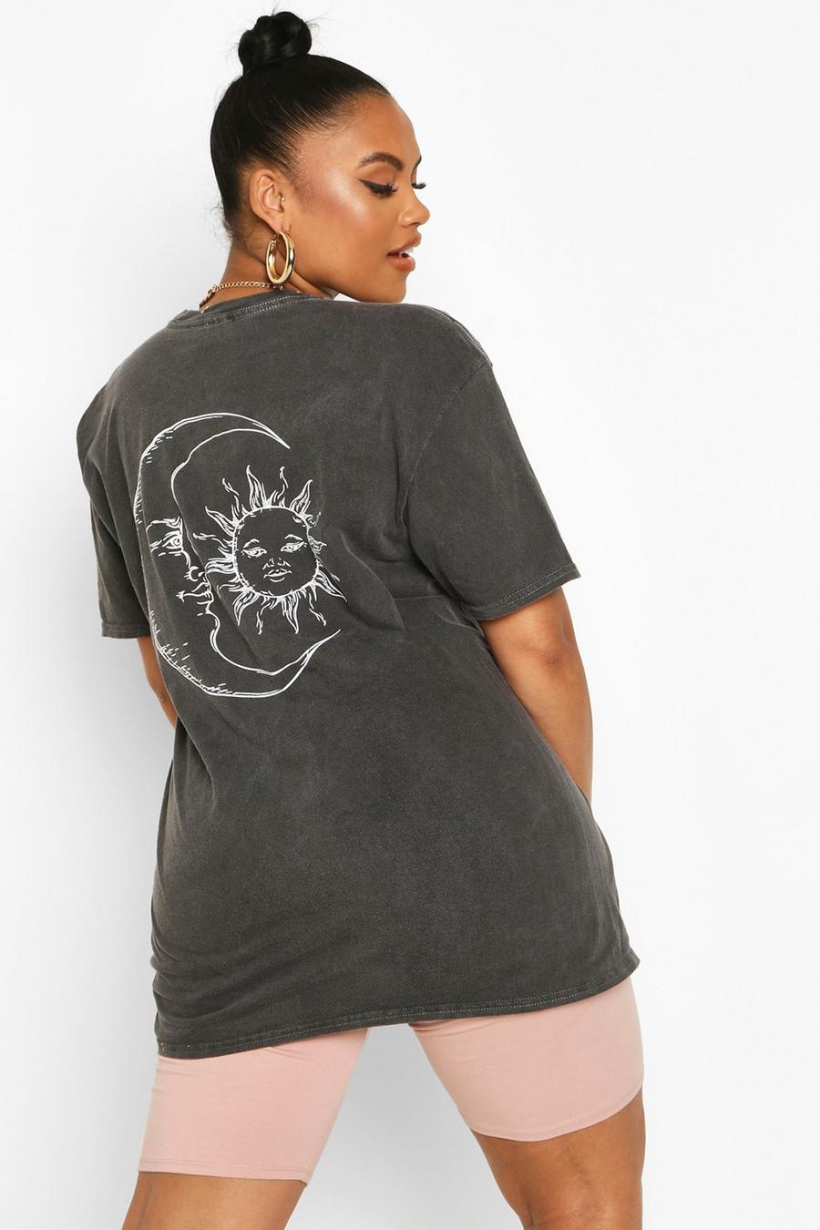 Plus T-Shirt mit Sonne und Mond Print, Schwarz