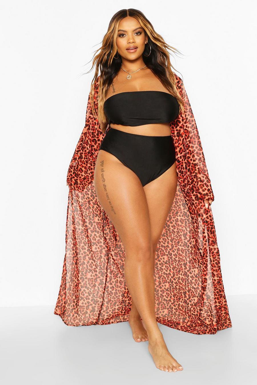 Grande taille - Kimono de plage à imprimé léopard, Rouge