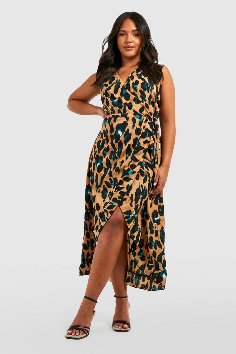 Brown virgin-wool Wrap Leopard Ruffle Midi Dress